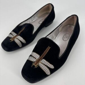 Papouelli Big Girls Embroidered Dragonfly Velvet Loafer Shoes Black Size 4